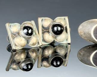 Vintage Mexican Silver Clip-On Earrings Lot of 3 Pairs w/ Wood Inlay