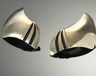 Vintage JK Sterling Silver Modernist Wing Statement Earrings Oxidized Overlay