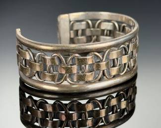 Vintage Mexican Sterling Silver Cuff Bracelet, Woven Basket Weave, TJ-5, 925