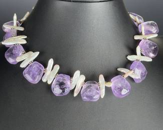 Chunky Amethyst & Biwa Baroque Pearl Statement Necklace 16" Organic Boho