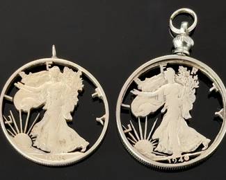 Vintage Hand-Cut Silver Walking Liberty Coin Pendants Lot - 1940 & 1943