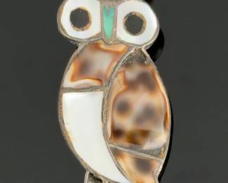 Zuni Multi-stone Inlay Owl Pin Brooch, Vintage