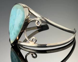 Sterling Silver Natural Larimar Teardrop Cuff Bracelet 925 Fine Jewelry