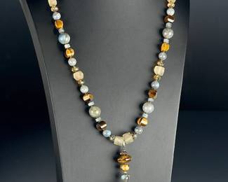 Artisan Tiger's Eye Labradorite Citrine Chunky Statement Necklace 26"