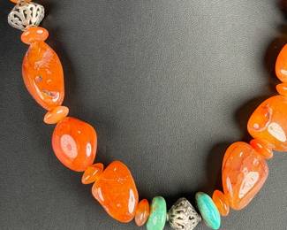 Chunky Carnelian & Turquoise Southwestern Silver Accent Statement Necklace 20"