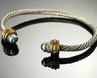 Mexican Taxco Sterling Silver Cable Cuff Bracelet Turquoise Gold Plated 925