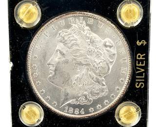 1884 US Morgan Silver Dollar Coin, 90% Pure, Uncirculated, Acrylic