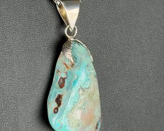 925 Sterling Silver Italian Box Chain & Crazy Lace Agate Leaf Pendant Necklace
