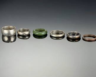 Vintage Estate Lot of 6 Rings: Sterling Silver Tone, Copper, Jadeite
