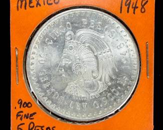 1948 Mexico 5 Pesos Cuauhtémoc .900 Silver Coin, Uncirculated Appearance