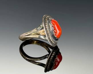 Vintage Navajo Sterling Silver Coral Ring, Signed Picto Mark, Size 5