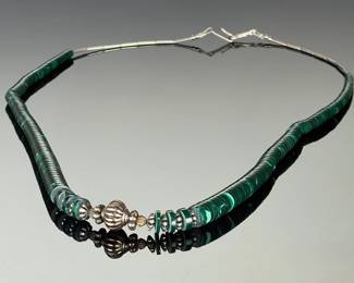Vintage Southwest Green Resin Disc & Silver-Tone Beaded Necklace - 25.5 Inch