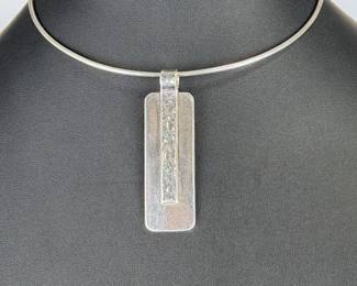 Modernist Sterling Silver Torque Collar Necklace & Hammered Pendant 925