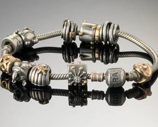 Pandora 14k Gold & Sterling Silver Charm Bracelet 46.6g, 11 Retired Charms