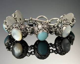 Suarti BA Bali Sterling Silver Blue Chalcedony & Mother of Pearl Bracelet 925