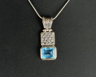 Italian Sterling Silver Snake Chain & Blue Topaz Balinese Pendant Necklace 925
