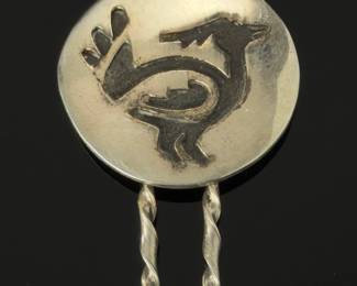 Navajo Sterling Silver Roadrunner Overlay Hair Pin Native American Hair Fork