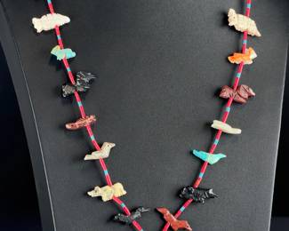 Zuni Fetish Necklace, Hand Carved Stone Animals, Native American Vintage