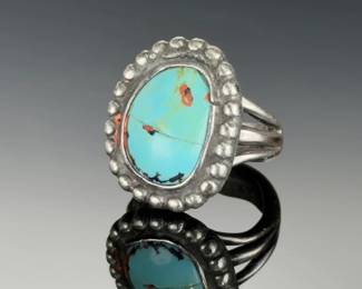 Vintage Navajo Turquoise Silver Ring, Unmarked, Size 4.25, Estate Jewelry