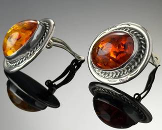 Navajo Sam Piaso Sterling Silver Amber Clip-On Earrings Native American Art