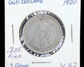 1920 Switzerland 2 Francs .835 Silver Coin Helvetia, Uncirculated