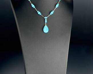 Sterling Silver Larimar Liquid Silver Southwestern Beaded Pendant Necklace 925