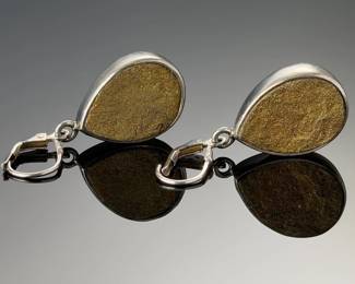 Pyrite Druzy Sterling Silver Teardrop Earrings Signed AKR 925 Leverback