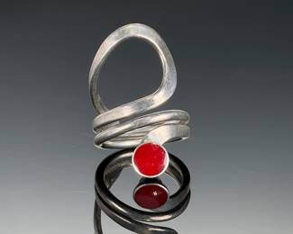 Vintage Mexican Modern Sterling Silver Statement Ring, Red Cabochon, Size 8