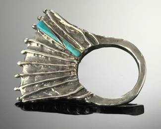 Brutalist Sterling Silver Statement Fan Ring Turquoise & Sugilite Inlay Sz 7.75