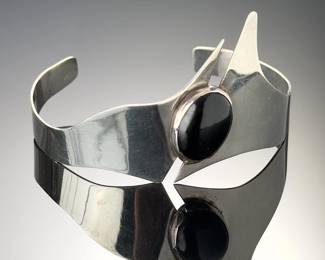 Vintage Taxco Mexican Sterling Silver Black Onyx Modernist Cuff Bracelet TB-41