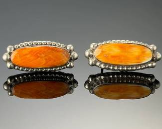 Navajo AY Sterling Silver Orange Spiny Oyster Shell Post Earrings, Signed