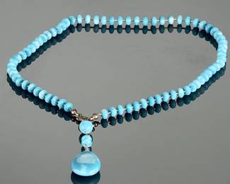 Natural Larimar Beaded Pendant Necklace 16.5 In Toggle Clasp Dominican Blue