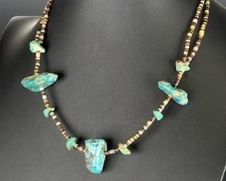 Vintage Native American Royston Turquoise & Shell Heishi Bead Chunky Necklace