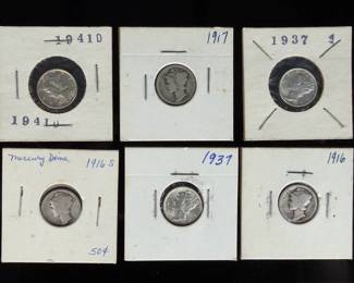 6 US Mercury Dime 90% Silver Coin Lot - 1916-S, 1916, 1917, 1937, 1941