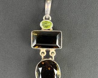 Sterling Silver Smoky Quartz & Peridot Pendant Necklace, Italy 925 Chain