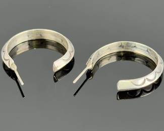 Native American Style Silver Hoop Earrings, Engraved Crescent Design, Unmarked