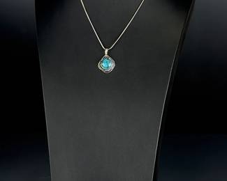 Artisan Sterling Silver Turquoise Pendant Necklace - Italian 925 Snake Chain