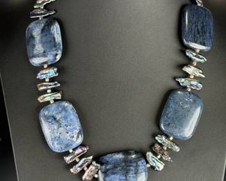 Sodalite & Peacock Biwa Pearl Statement Necklace 22.5" Artisan Boho