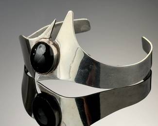 Vintage Taxco Mexican Sterling Silver Black Onyx Modernist Cuff Bracelet TB-41