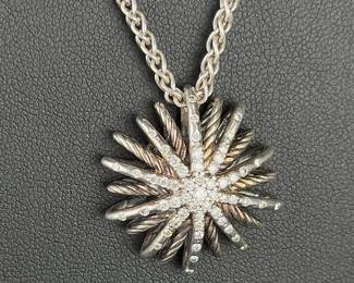 Vintage Italian Sterling Silver Diamond Starburst Pendant Necklace 29.5in