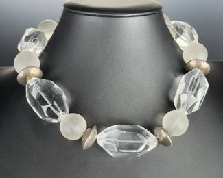 Modernist Faceted & Frosted Rock Crystal Quartz Statement Necklace 18in 261g