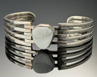 Vintage Mexican Sterling Silver White Quartz Druzy Cuff Bracelet Taxco A15