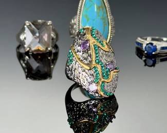 Sterling 925 & Costume Rings Lot (5): Turquoise, CZ, Sapphire Style, Statement