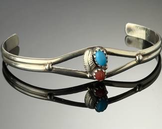 Vintage Navajo Sterling Silver Turquoise Coral Cuff Bracelets Lot of 2