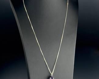 Italian Sterling Silver 925 Box Chain Necklace 30" Pear Cut Amethyst Pendant