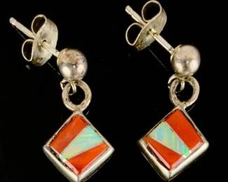 Native American Vintage Sterling Silver Opal Coral Inlay Post Earrings