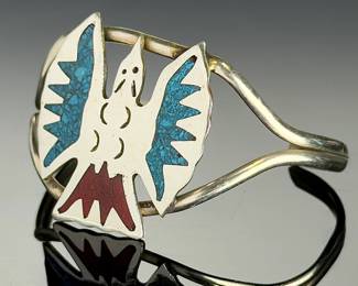 Vintage Native American Silver Turquoise Coral Hummingbird Chip Inlay Cuff