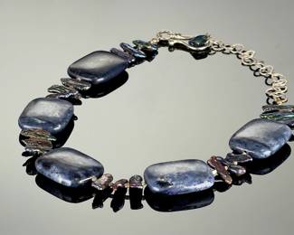 Sodalite & Peacock Biwa Pearl Statement Necklace 22.5" Artisan Boho