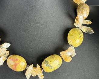 Chunky Serpentine & Citrine Quartz Sterling Silver 925 Statement Necklace