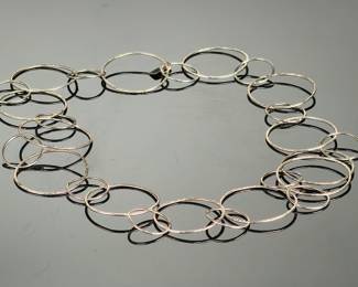 LJR Signed Sterling Silver Modernist Interlocking Ring Statement Necklace 28"